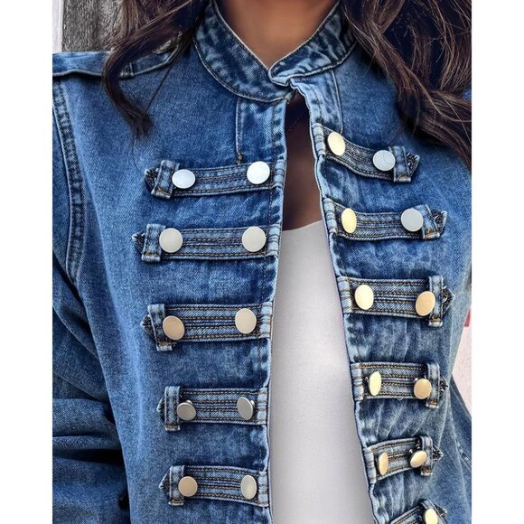 Blue Denim Jacket for Women 2025 Button Up Stand Collar Lightweight Fall Coat - Picture 7 of 7